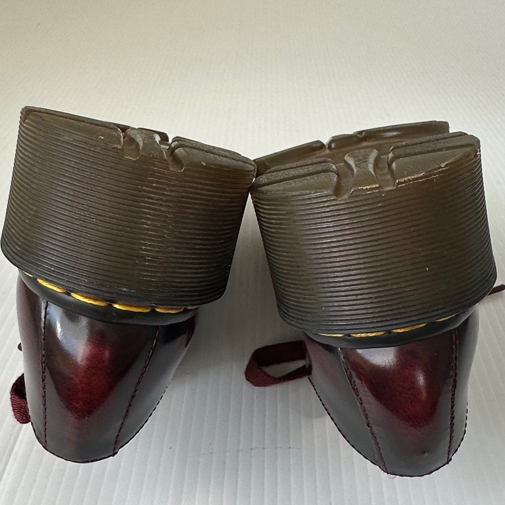 Dr. Martens Burgundy Red Platform Shoes with Yellow Stitching - Picture 14 of 15